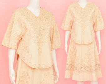 VINTAGE PATIO DRESS m l 1950s cream Mexican lace soutache v neck Blouse semi circle Skirt 60s 70s rockabilly vlv Medium Large