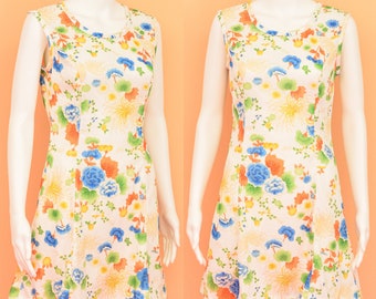 ASIAN FLORAL DRESS s 70s vintage mini White orange blue yellow green Chinese Peony chrysanthemum Mod dolly size Small