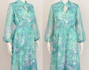 TEAL FLORAL DRESS s 70s vintage Poet Sleeve sheer long sleeve midi Lavender White flower print casual Disco midi size Small