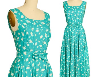 LAURA ASHLEY DRESS s m 80s vintage Teal white Floral Print cotton Full Skirt midi Cottagecore rockabilly us 10 uk 12 eu 38 Small Medium