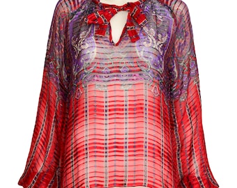 VINTAGE SILK BLOUSE m l 70s vintage Purple cranberry red Paisley Print sheer stripe Poet Sleeve bow tie top Adrianna Papell sz Medium Large