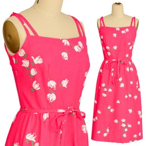 HOT PINK DRESS m 70s 80s vintage Floral Print white green sleeveless midi Cotton sun sundress tie belt Santa Fe label boho twee Small Medium