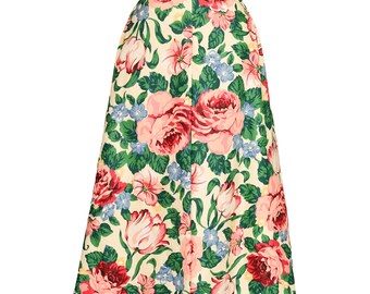 ROSE PRINT SKIRT m l vintage 1950s style 80s beige pink blue green floral Cotton fabric Midi rockabilly pinup swing dance 30 w Medium Large
