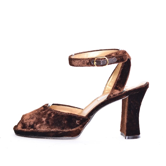 BROWN VELVET HEELS 8 90s does 70s vintage Platform Shoes open Etsy