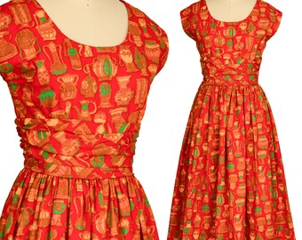 1950s RED DRESS s vintage Pottery Print brown green yellow tomato 50s Novelty Cotton fabric draped dirndl skirt midi Rockabilly pinup Small
