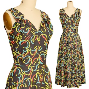 1950s GREY DRESS s m vintage Aqua orange chartreuse Cotton Fabric rain cloud Novelty Print sleeveless midi 50s rockabilly size Small Medium