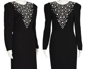 VINTAGE RHINESTONE DRESS s m 80s black pencil skirt sheath Leg O Mutton long sleeve studded Strong Shoulder pads goth punk size Small Medium