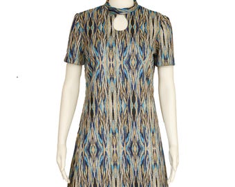 VINTAGE PSYCHEDELIC DRESS s m 70s cut out mini Navy blue tan white Kaleidoscope Print split neck short sleeve shift Mod dolly Small Medium