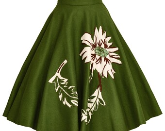 VINTAGE CIRCLE SKIRT s 50s Moss Green wool felt off white brown Beaded sequin Floral Applique 1950s midi Rockabilly vlv pinup 26 1/2 w Small