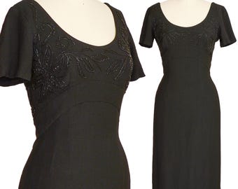 DON LOPER DRESS xs s 50s vintage Black floral beaded scoop neck pencil skirt Wiggle midi 1950s Hollywood gothic pinup Rockabilly extra Small