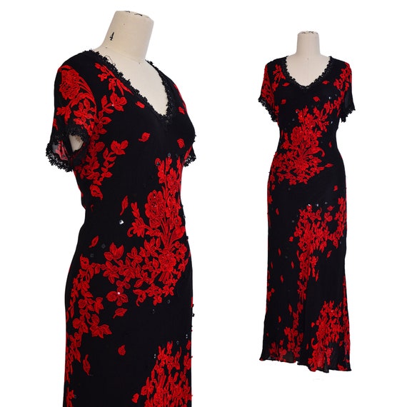 1930s STYLE DRESS l bias cut Rayon black red Rose