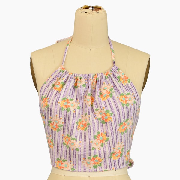 PURPLE HALTER TOP os 1930s vintage Floral Print orange yellow green white Striped cotton fabric rockabilly extra Small Medium