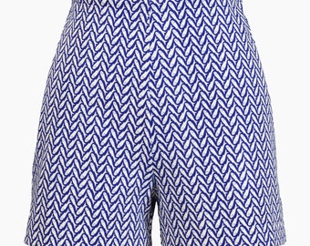 FISH PRINT SHORTS s m 70s vintage Royal Blue white Denim cotton fabric High Waist pinup non-stretch 27 28 w Small Medium