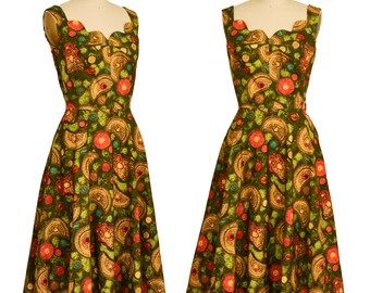 1950s VINTAGE DRESS xs s Green orange brown Jewel Box Print 50s cotton fabric Scallop neckline full midi skirt Rockabilly pinup extra Small