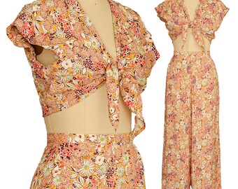 1940s VINTAGE PLAYSUIT s m 40s Cold Rayon brown white floral print Crop Top high waist wide leg Pants pant suit Pinup 30 w size Small Medium
