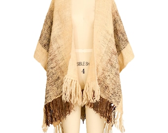 WOOL FRINGE PONCHO os Cream brown open front v neck Handwoven fringed hem Cape vanilla beige stripe Boho hippie southwestern cowgirl western