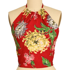 FLORAL HALTER TOP os 40s vintage Garnet Red pink green yellow Chrysanthemum Print cotton fabric Rockabilly pinup xs s m extra Small Medium
