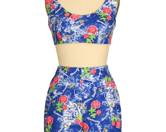 ROSE PRINT PLAYSUIT s 60s vintage American Beauty red pink blue white Floral Cotton Fabric crop bra top high waist shorts 34 b 26 w Small