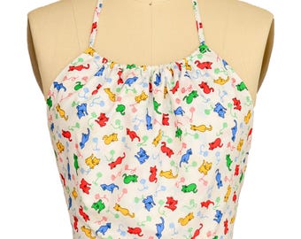 CAT PRINT TOP os 80s vintage cotton Kitties and Yarn balls Rainbow fabric red green blue yellow white Pinup rockabilly Extra Small Medium