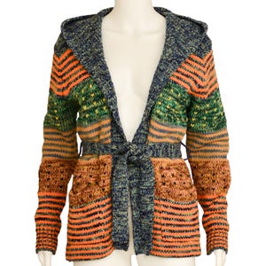 SPACE DYE SWEATER os 70s vintage Hooded top w Pockets earth tone Rainbow Striped orange blue tan green Belted knit top s extra Small Medium