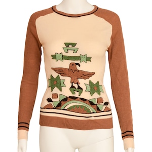 VINTAGE EMBROIDERED SWEATER s 70s Thunderbird punch needle work Cream Knit Top brown striped green bird Punchwork boho hippie xs extra Small