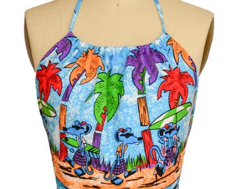 RAT PRINT TOP os rainbow Halter neck open tie back Hawaiian tropical surfing rats animal Palm Tree beach cotton xs s m Extra Small Medium
