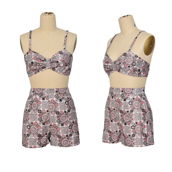 GREY 50s PLAYSUIT s vintage pink gold white Paisle