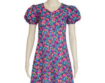 NEON FLORAL DRESS s m 70s vintage mini Pink purple blue flower power print fabric Puff Sleeve a line Mod dolly kawaii size Small Medium