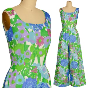 WIDE LEG JUMPSUIT s m 60s vintage Green blue lavender white Floral Print fabric Sleeveless high waist palazzo pant palm springs Small Medium