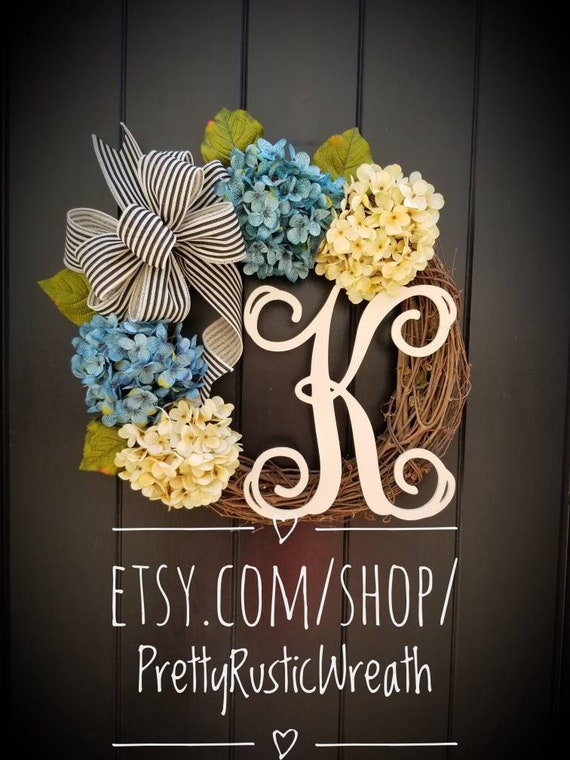 Cream Hydrangea Wreath with Blue Rooster