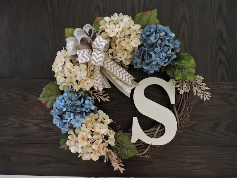 Spring Door Wreath Hydrangea door Wreath Monogram Summer Door Wreath Blue Hydrangea Spring Wreath for door Rustic Spring Door Wreath