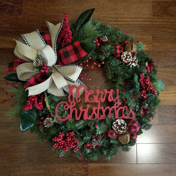 Christmas wreath farmhouse wreath greenery wreath Christmas wreath front door wreath berry wreath Buffalo Plaid Wreath for front door