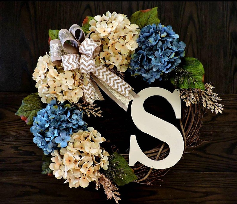 Spring Door Wreath Hydrangea door Wreath Monogram Summer Door Wreath Blue Hydrangea Spring Wreath for door Rustic Spring Door Wreath