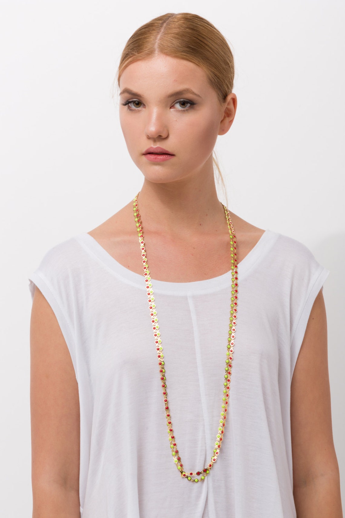 Hot Pink and Gold necklace / Long Gold Chain Necklace with Etsy