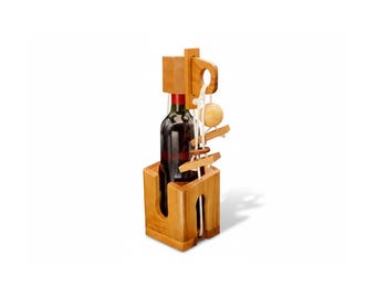 HB3F Wooden Wine Bottle Puzzle – Brain Teaser Gift, Natural Wood Display (Model D)
