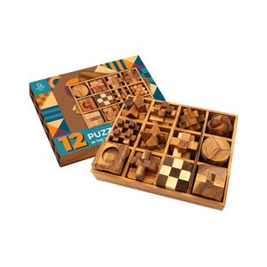 May include: A wooden puzzle set featuring 12 individual puzzles, displayed in a wooden tray and a colorful box. The puzzles are various shapes and designs, with a mix of natural wood tones and geometric patterns.