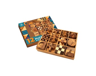 HB3F Handmade Acacia Wood Puzzle Box Set – 12 Brain Teasers Hand Puzzles