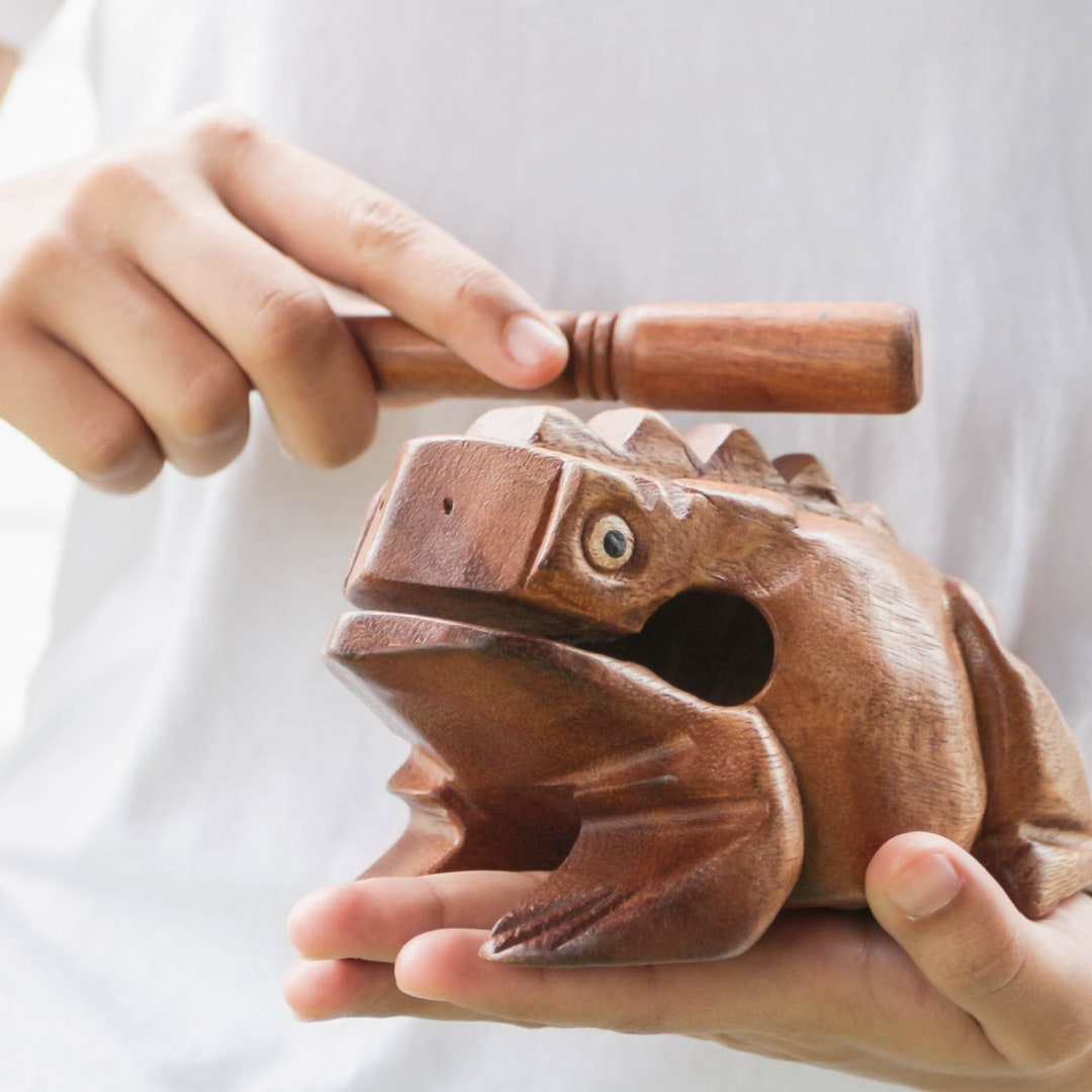 Wooden Frog Guiro Percussion Instrument - 12.7cm Hand-Carved Musical Frog With Wooden Stick