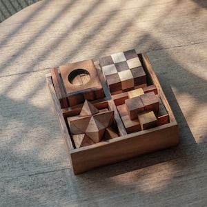 Puzzle Game Set 3D Wooden Cubes of 4 Puzzles for Adults for Mind Gift Adults and Brain Teasers for Kids Ages Small Wood Piece Block Puzzles