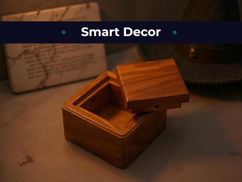 Op de afbeelding: Een vierkante houten doos met een iets geopende deksel, die de houtnerf laat zien. De doos heeft een warme bruine kleur en lijkt handgemaakt. De tekst "Smart Decor" wordt boven de doos weergegeven.
