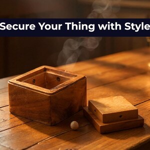 Op de afbeelding: Vierkante houten doos met deksel op een houten tafel. De tekst "Secure Your Thing with Style" staat bovenaan de afbeelding. Er komt stoom uit de doos.