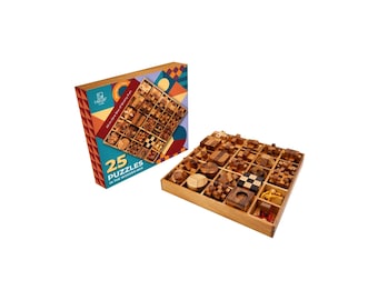 Handcrafted Acacia Wood Brain Teaser Puzzle Set - 25-in-1 Interlocking Games