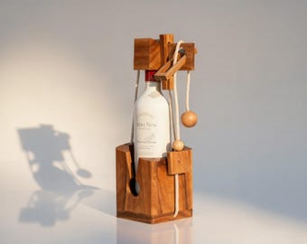 HB3F Wine Bottle Puzzle – Handmade Natural Wood Brain Teaser & Display Holder Gift