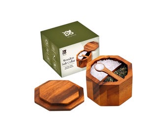 Wooden Salt Cellar with Lid and Spoon, Non-Slipped Feet with 7 oz. Capacity