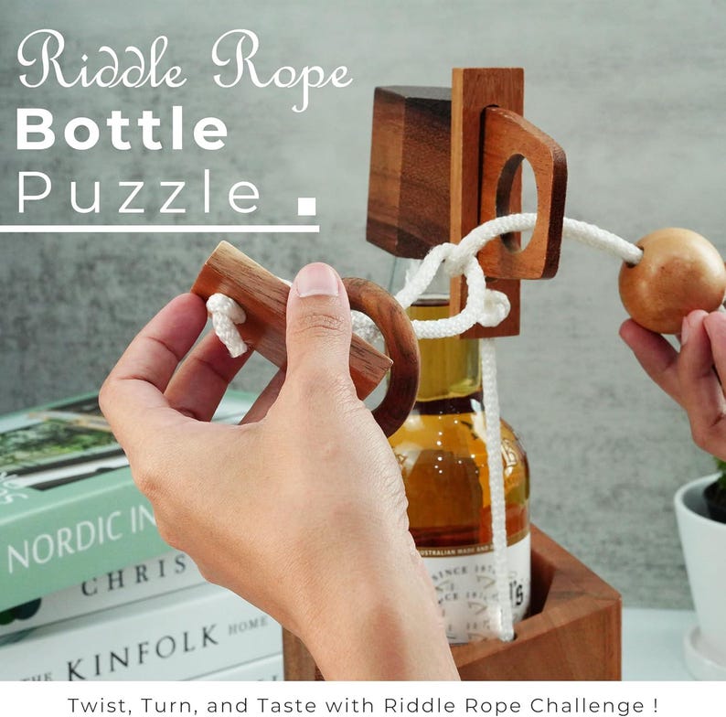 Coin Bottle Riddle HB3F Wooden Wine Bottle Puzzle – Brain Teaser Gift, Natural Wood ...