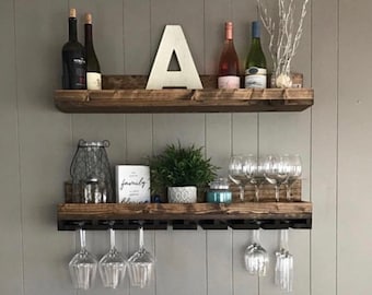 Wood Wine Rack Shelves | The Ryan | Wall Mounted Shelf & Hanging Stemware Glass Holder Organizer Bar Shelf Unique Rustic Bar Shelving