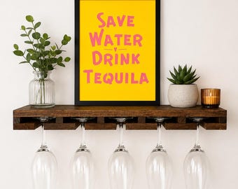 Floating Wood Wine Rack | The FLOATER | Shelf & Hanging Stemware Glass Holder Organizer Bar Rustic Bar Shelving