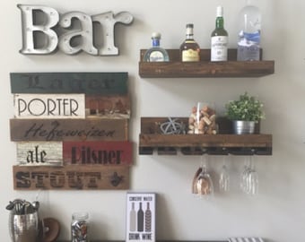Wood Wine Rack Shelves | The Ryan | Wall Mounted Shelf & Stemware Glass Holder Organizer Unique Rustic Bar Shelves