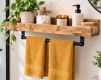 Rustic Wood Bathroom Shelf with Towel Bar | Wall Mounted Towel Rack, Storage, Farmhouse Holder