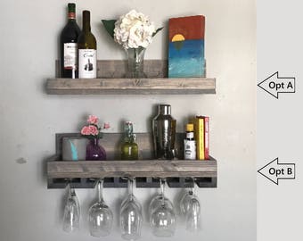 Wood Wall Mounted Wine Rack | The Ryan | Shelf & Glass Holder Organizer Floating Ledge Unique Rustic Bar Shelves Grey